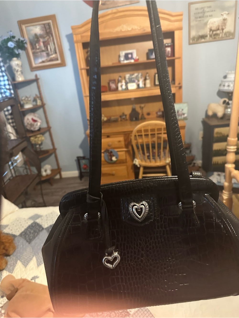 Brighton Black Croc-Embossed Leather Heart Charm Shoulder Bag - Picture 2 of 15